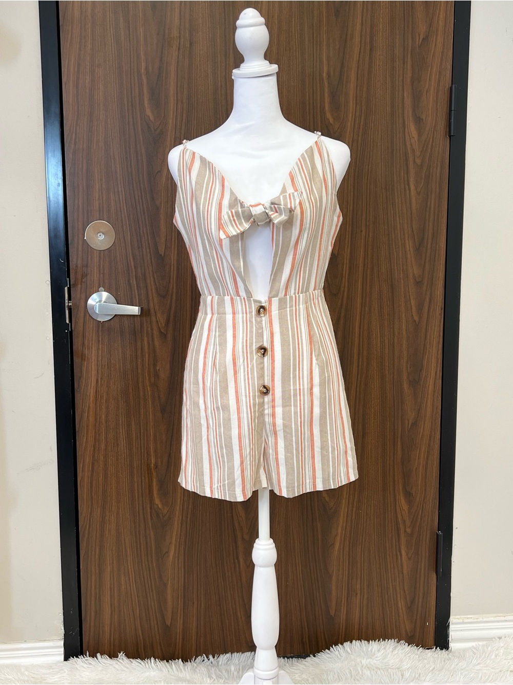 Cupshe Cream and Rust Striped Tie-Front Romper - Picture 4 of 7